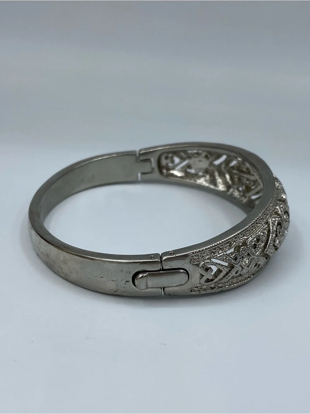 Vintage Ornate Silver Tone Filigree Bracelet With Pave Crystal Accents and Clasp